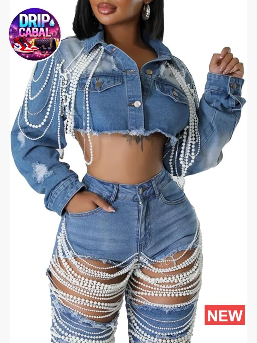 Cropped Denim Jacket with Pearl Details, Distressed Hem, Long Sleeve, Button